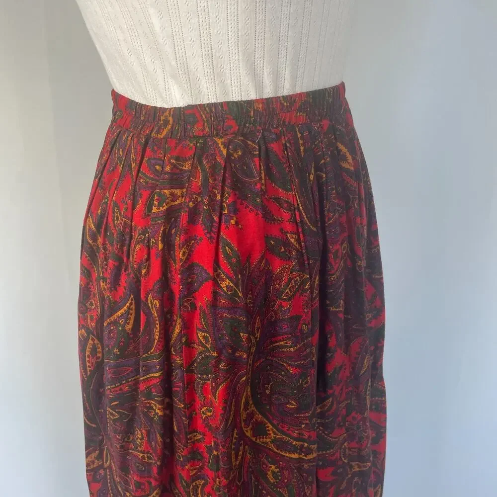 Vintage Midi Skirt Size 10 Red Paisley Pleated A Line Retro Preppy Academia 90s